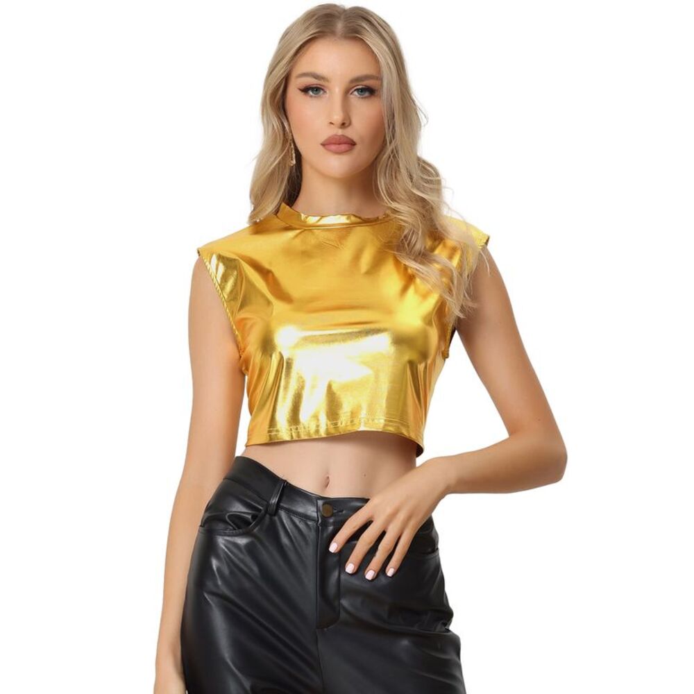 Metallic Sleeveless Top Party Shiny Crop Holographic Tops Gold